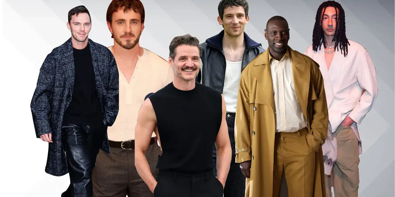 Un gruppo di attori maschili posa con look eleganti. Tra i nomi attori maschili presenti, si riconoscono volti noti del cinema.