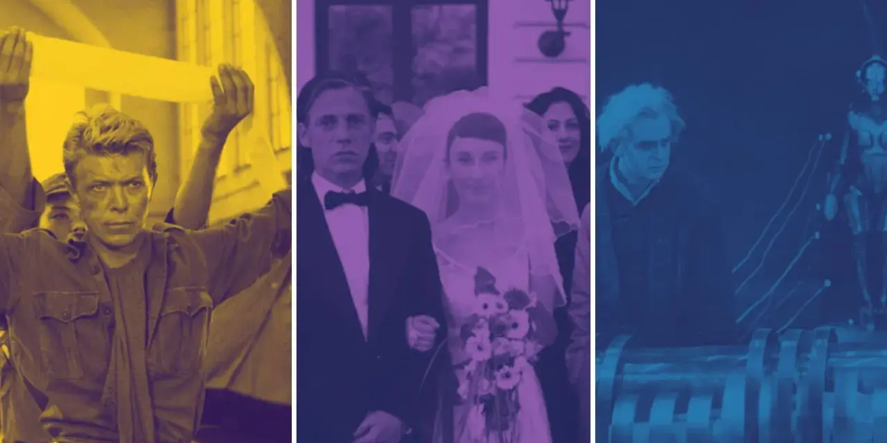 Un collage di scene iconiche di film di cultura: David Bowie, un matrimonio e un robot futuristico.