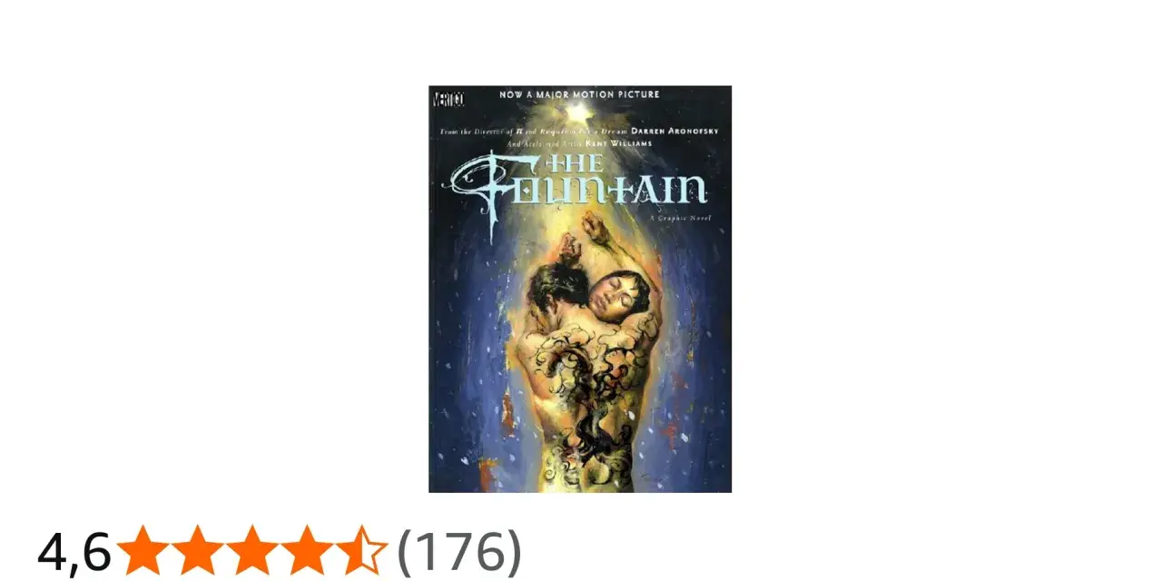 Copertina del graphic novel "The Fountain", ispirato al film. Due figure abbracciate sotto una cascata di luce.