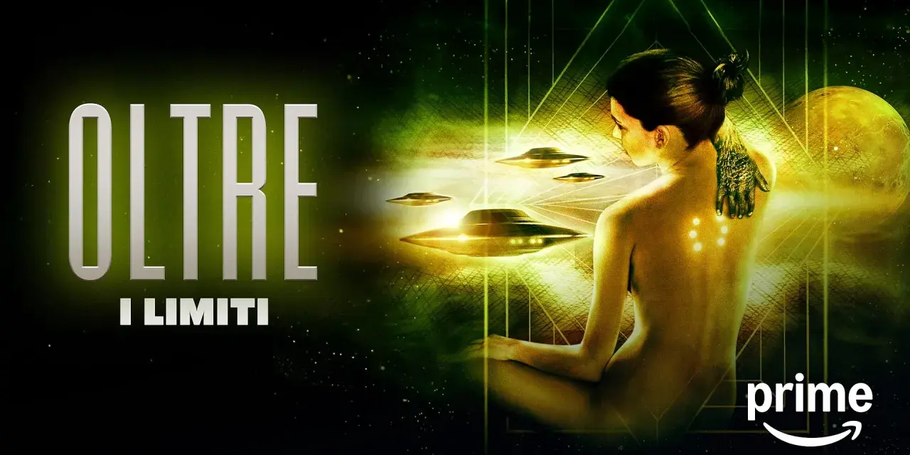 La donna nuda, con simboli luminosi sulla schiena, è circondata da UFO. Un poster per il loop film "Oltre i Limiti".
