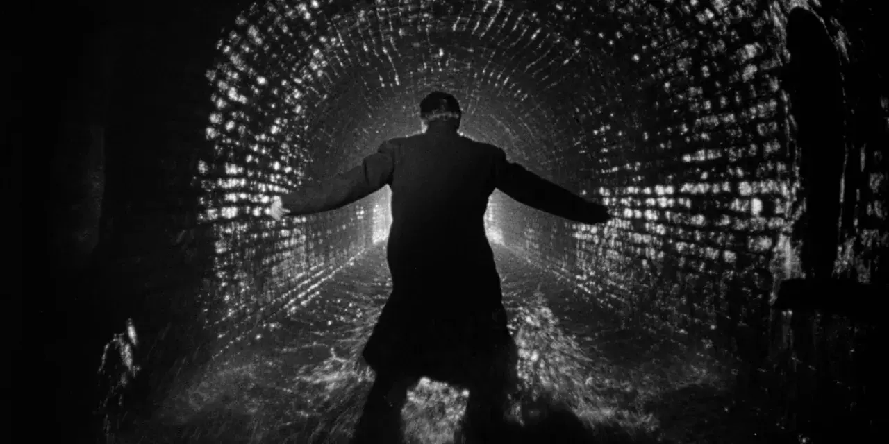 Uomo in un tunnel di mattoni illuminato, con le braccia aperte, come in un momento di rivelazione o un inaspettato plot twist.