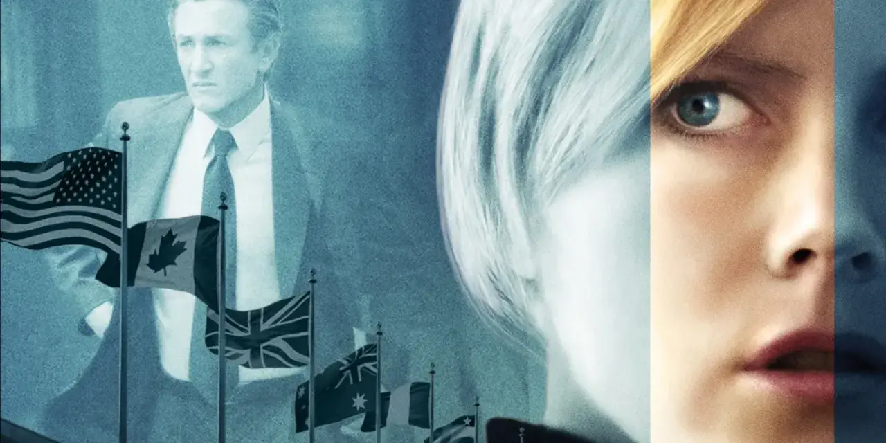Sean Penn, circondato da bandiere internazionali, e il volto di Nicole Kidman, suggeriscono il thriller politico "The Interpreter".