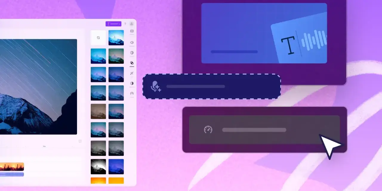Interfaccia di editing video con opzioni per velocizzare un video, regolare audio e testo.