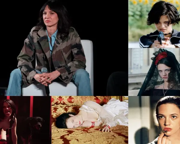 Asia Argento in vari ruoli, evocando atmosfere da thriller e dramma, con un tocco di stile anni '90.