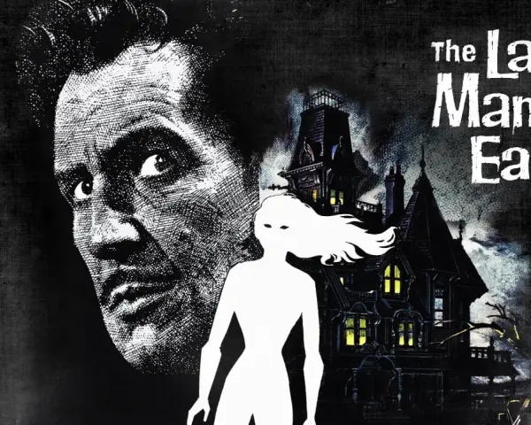 Il volto di Vincent Price domina l'immagine, con una casa gotica e una figura bianca spettrale. Un classico tra i migliori film distopici.