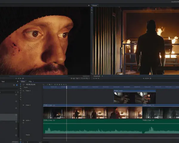 Un editor video professionale in azione, con una timeline complessa e clip che mostrano un uomo ferito e una scena di fuoco.