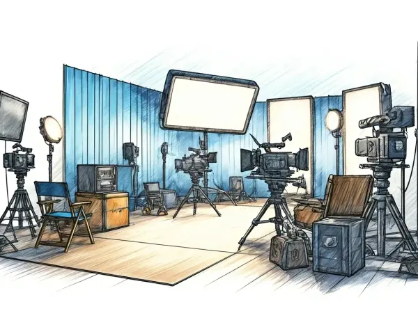 Studio di registrazione con telecamere, luci e attrezzature. Un set pronto per girare, con tutti i termini cinematografici in inglese a portata di mano.