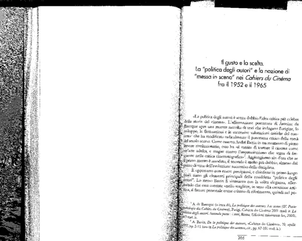 Il saggio analizza la "politica degli autori" nei Cahiers du Cinéma, citando André Bazin e il regista Dreyer.