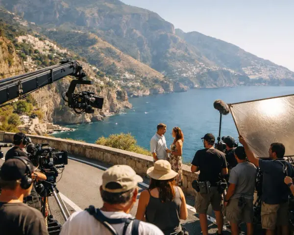 Una troupe cinematografica cattura una scena romantica con una coppia, tra montagne e mare, un'immagine che evoca la magia della hollywood industria cinematografica.