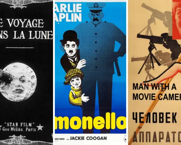 Collage of three vintage film posters: "Le Voyage dans la Lune," Charlie Chaplin, and "Man with a Movie Camera.