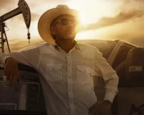 Uomo con cappello da cowboy e camicia a righe appoggiato a un pick-up, con pozzi petroliferi sullo sfondo. Il western significato è qui, tra lavoro e orizzonti infiniti.