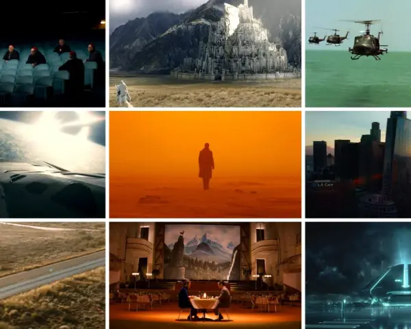 Un' **establishing shot** mostra un castello imponente, elicotteri sull'acqua, una città al tramonto, un'astronave nello spazio, una figura solitaria in un paesaggio arancione, un'auto su una strada deserta, una scena in un cinema e un veicolo futurist...
