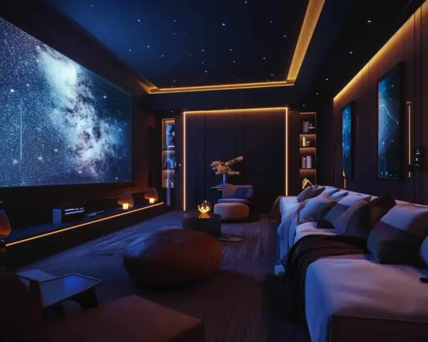 Sala cinema immersiva con schermo gigante, divani comodi e luci soffuse che creano un'atmosfera stellare.