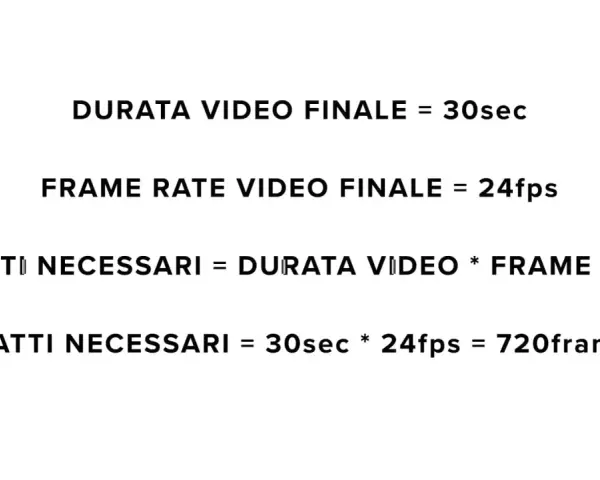 Calcolo scatti per time lapse: 30 secondi a 24fps richiedono 720 fotogrammi.