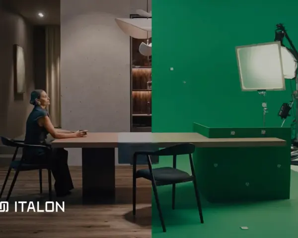 Scena divisa: a sinistra, una donna seduta a un tavolo in un interno elegante; a destra, un set con green screen e luci, dove nascono gli effetti speciali cinema.