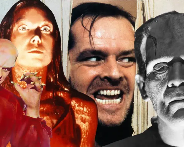 Icone del **film horror ospedale psichiatrico**: Jack Nicholson, Frankenstein e altre figure terrificanti.