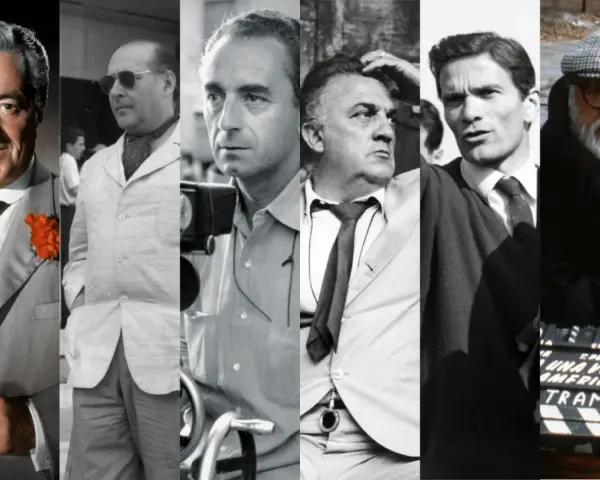 Cinque volti di un regista romano famoso, tra cui Marcello Mastroianni, in un collage di immagini cinematografiche.