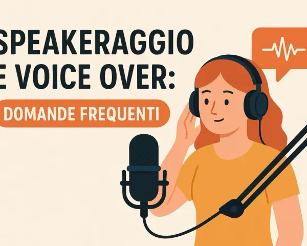 Ragazza con cuffie e microfono, testo "Speakeraggio e Voice Over: Domande Frequenti". Cos'è il voiceover?