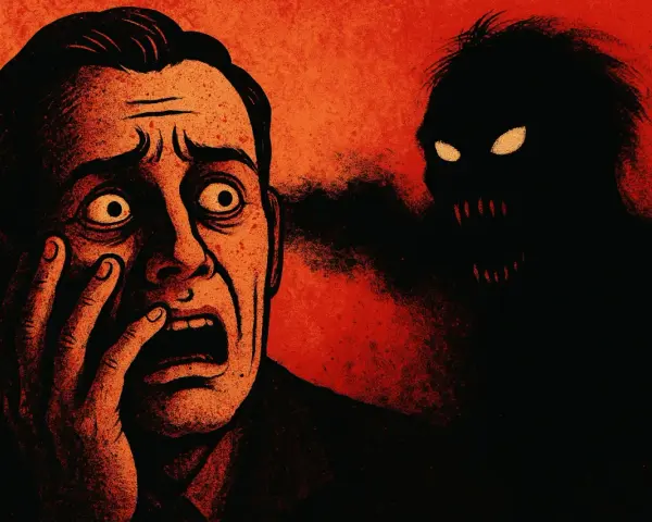 Un uomo terrorizzato con la mano sul volto, mentre un'ombra oscura con occhi luminosi e denti aguzzi emerge da un fumo nero. Un'immagine perfetta per i film horror corti.