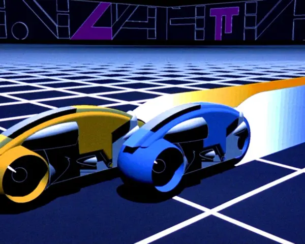 Due moto da corsa digitali, una gialla e una blu, sfrecciano su una griglia luminosa, un classico esempio di effetti speciali cinematografici.