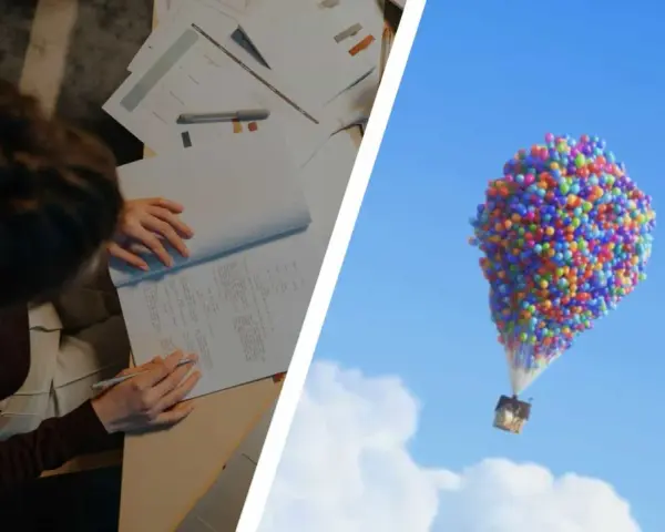 Una persona analizza una **scheda di analisi di un film** mentre una casa vola nel cielo con palloncini colorati.