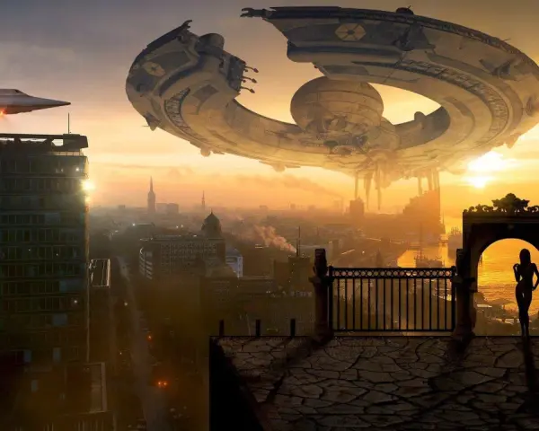Un'imponente nave madre sci fi incombe su una città al tramonto, mentre un UFO più piccolo sorvola un grattacielo. Una figura silhouette osserva la scena da un balcone.
