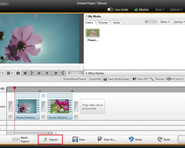 Interfaccia di Nero Video, con il pulsante "Export" evidenziato, per mostrare come tagliare un video.