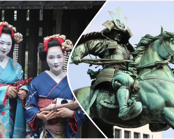 Due geishe in kimono e una statua di samurai a cavallo, immagini iconiche dei film giapponesi famosi.