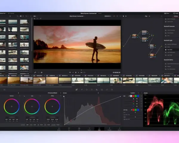 Interfaccia di un'app per creare video, con timeline, clip e strumenti di color correction.