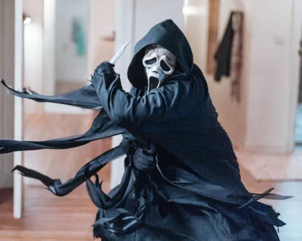 Ghostface, icona del film horror slasher, brandisce un coltello in un corridoio.