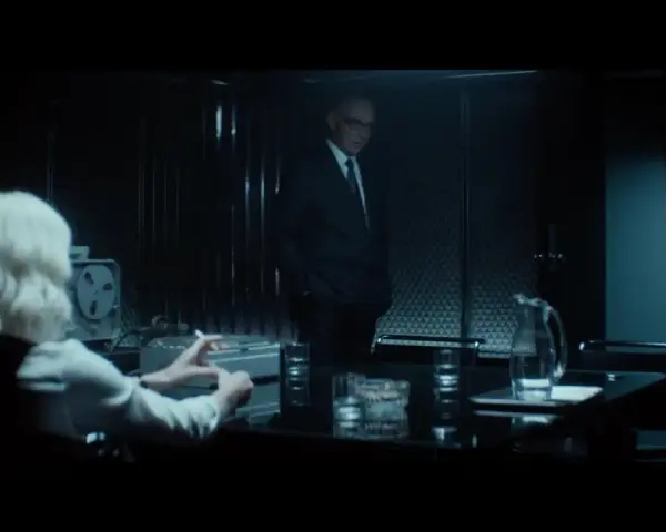 Simon Jacques attore in un ufficio buio, con una donna dai capelli biondi che fuma.