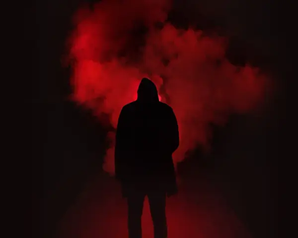 Figura incappucciata nell'oscurità, circondata da fumo rosso. Un'immagine che evoca la differenza tra giallo e noir, tra mistero e oscurità.