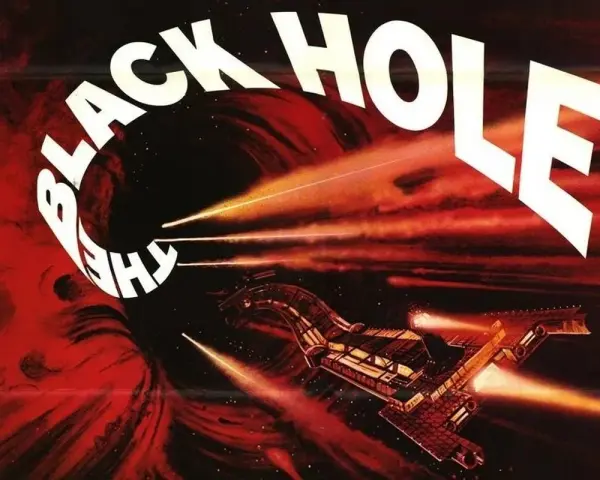 Locandina del film "The Black Hole": un'astronave affronta un vortice cosmico rosso e nero, con raggi di luce che squarciano l'oscurità.