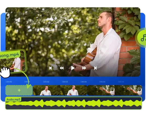 Interfaccia per creare video con musica gratis. Un uomo suona la chitarra, la timeline mostra clip video e audio.