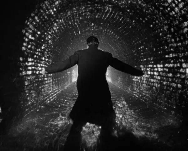 Uomo in un tunnel di mattoni illuminato, con le braccia aperte, come in un momento di rivelazione o un inaspettato plot twist.