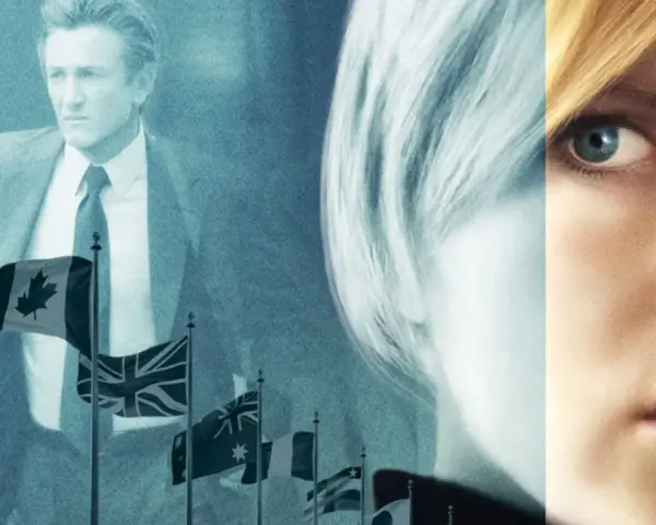 Sean Penn, circondato da bandiere internazionali, e il volto di Nicole Kidman, suggeriscono il thriller politico "The Interpreter".