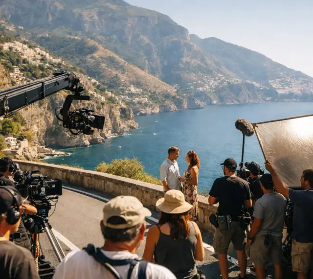 Una troupe cinematografica cattura una scena romantica con una coppia, tra montagne e mare, un'immagine che evoca la magia della hollywood industria cinematografica.