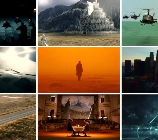 Un' **establishing shot** mostra un castello imponente, elicotteri sull'acqua, una città al tramonto, un'astronave nello spazio, una figura solitaria in un paesaggio arancione, un'auto su una strada deserta, una scena in un cinema e un veicolo futurist...