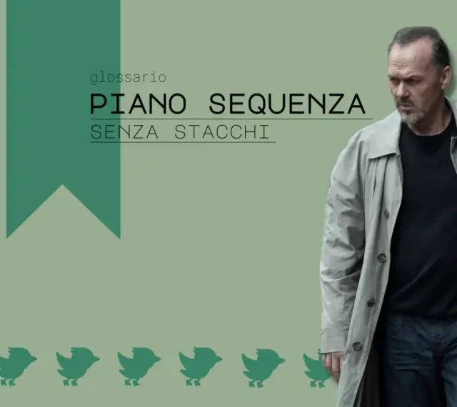 Un uomo con un trench osserva pensieroso, mentre il testo "PIANO SEQUENZA SENZA STACCHI" evoca l'arte del **long take cinema**.