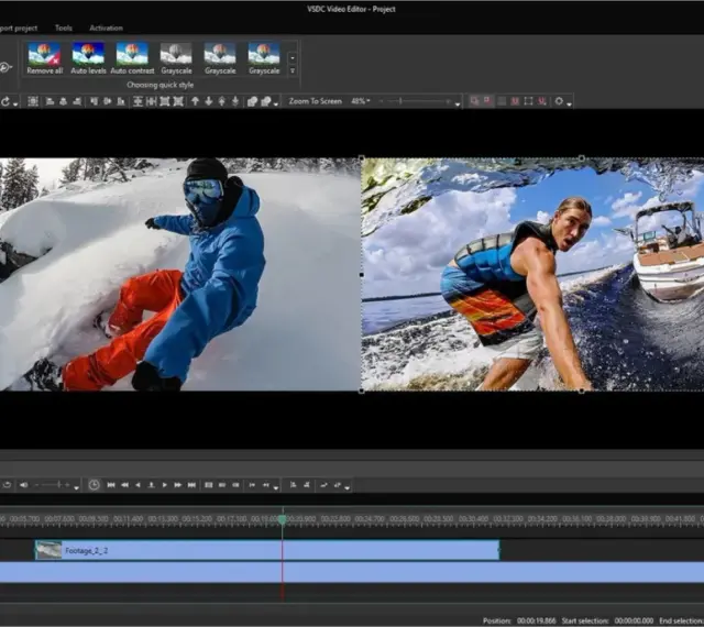 Editor video Windows 10 gratis: VSDC mostra un'anteprima di video di snowboard e wakeboard, pronto per il montaggio.