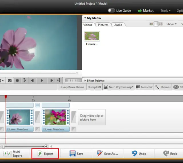 Interfaccia di Nero Video, con il pulsante "Export" evidenziato, per mostrare come tagliare un video.