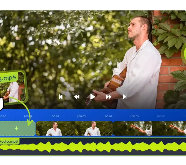 Interfaccia per creare video con musica gratis. Un uomo suona la chitarra, la timeline mostra clip video e audio.