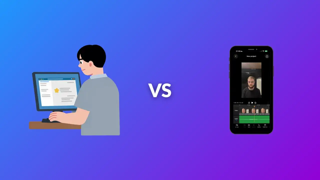 Uomo al PC vs. interfaccia di un'app per montare video su smartphone.