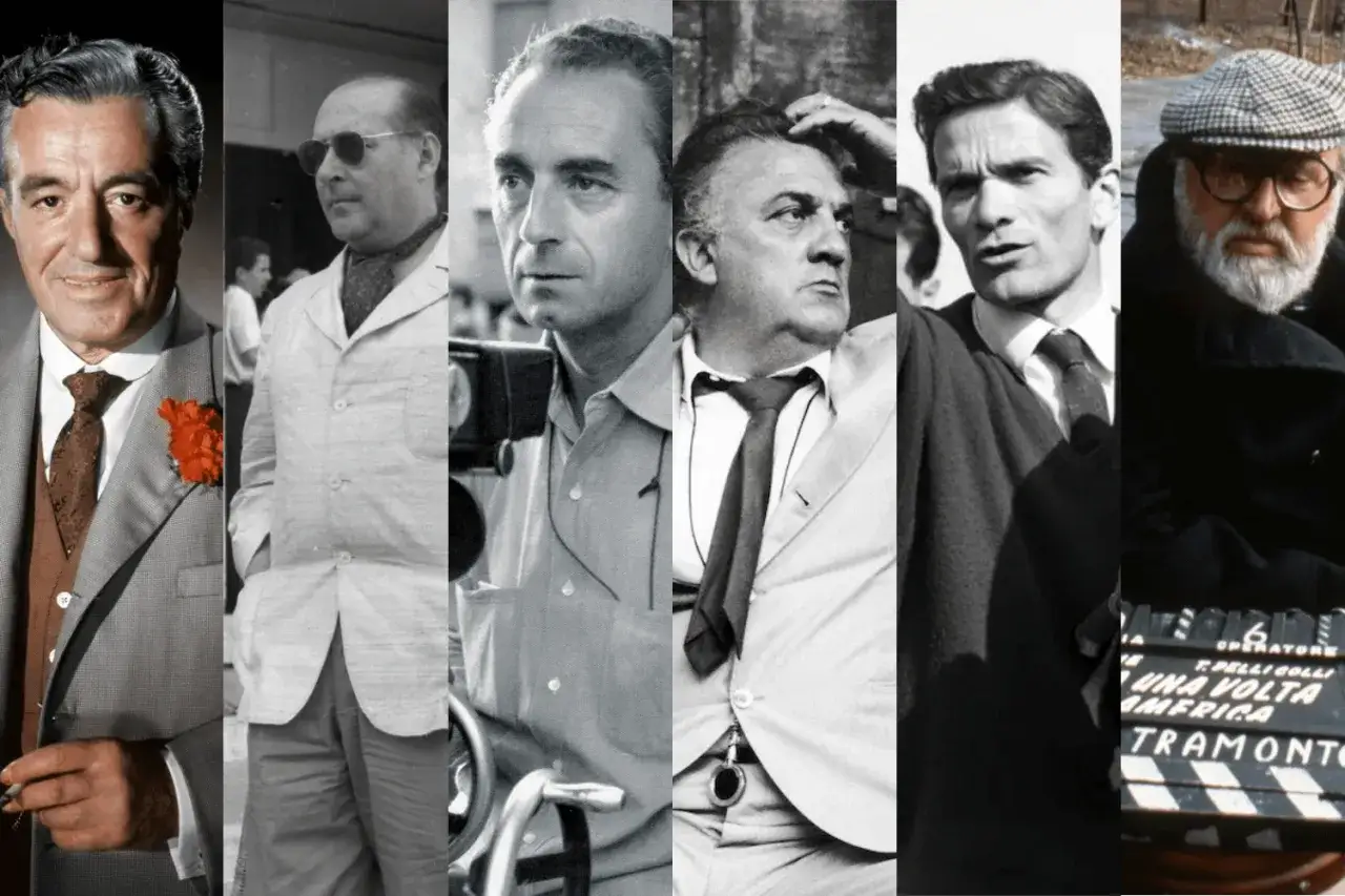 Cinque volti di un regista romano famoso, tra cui Marcello Mastroianni e Pier Paolo Pasolini, in un collage di immagini cinematografiche.