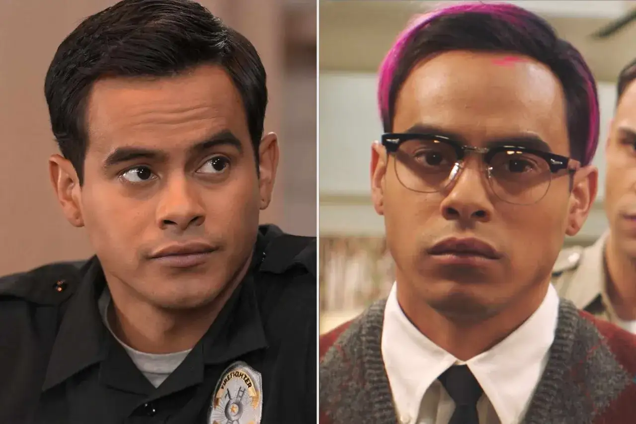 Julian works in two different roles: un pompiere serio e uno studente con capelli rosa e occhiali.