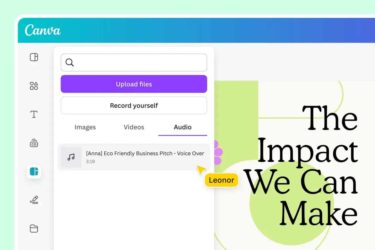 Interfaccia di Canva per caricare o registrare audio. L'app per trascrivere audio permette di aggiungere facilmente la tua voce a un progetto.