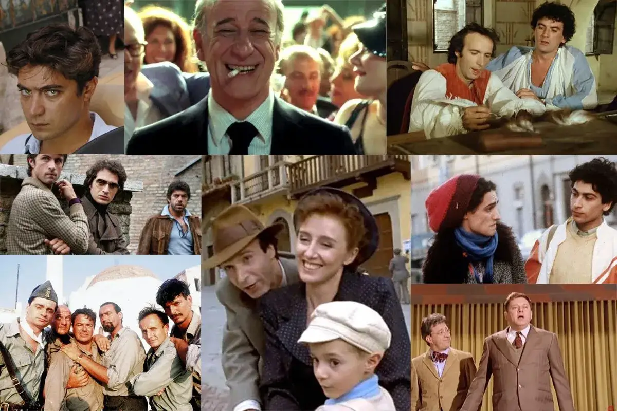 Collage di scene da una commedia drammatica: volti maschili intensi, coppie sorridenti, uomini in divisa e un bambino.