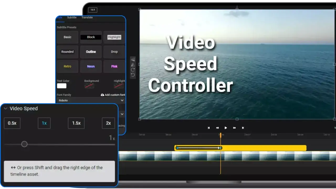 Interfaccia di editing video che mostra come velocizzare un video con opzioni di velocità e controllo della timeline.