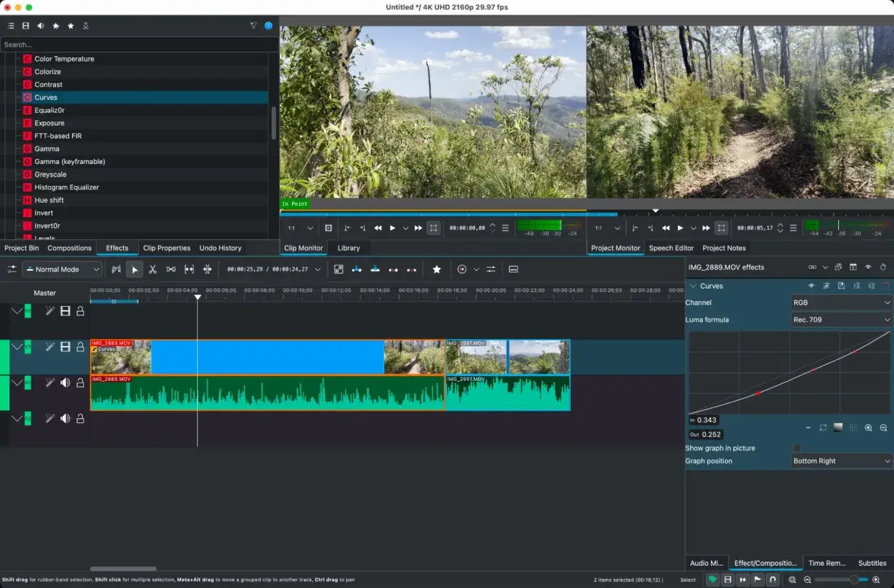 Editor video per Windows 10 gratis: interfaccia con timeline, effetti e curve di luminosità per migliorare i tuoi filmati.