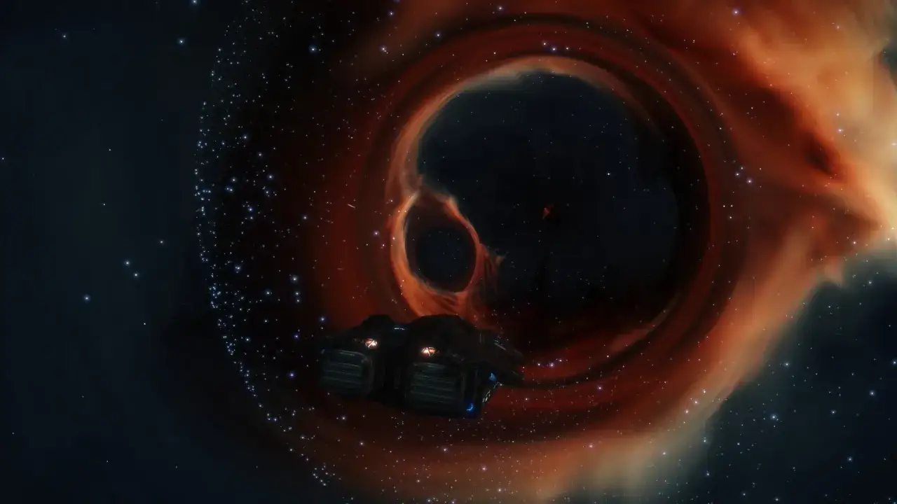 Nave spaziale si avvicina a un buco nero, un vortice di gas incandescente e stelle. Un'immagine che sembra uscita da un film su il buco nero.